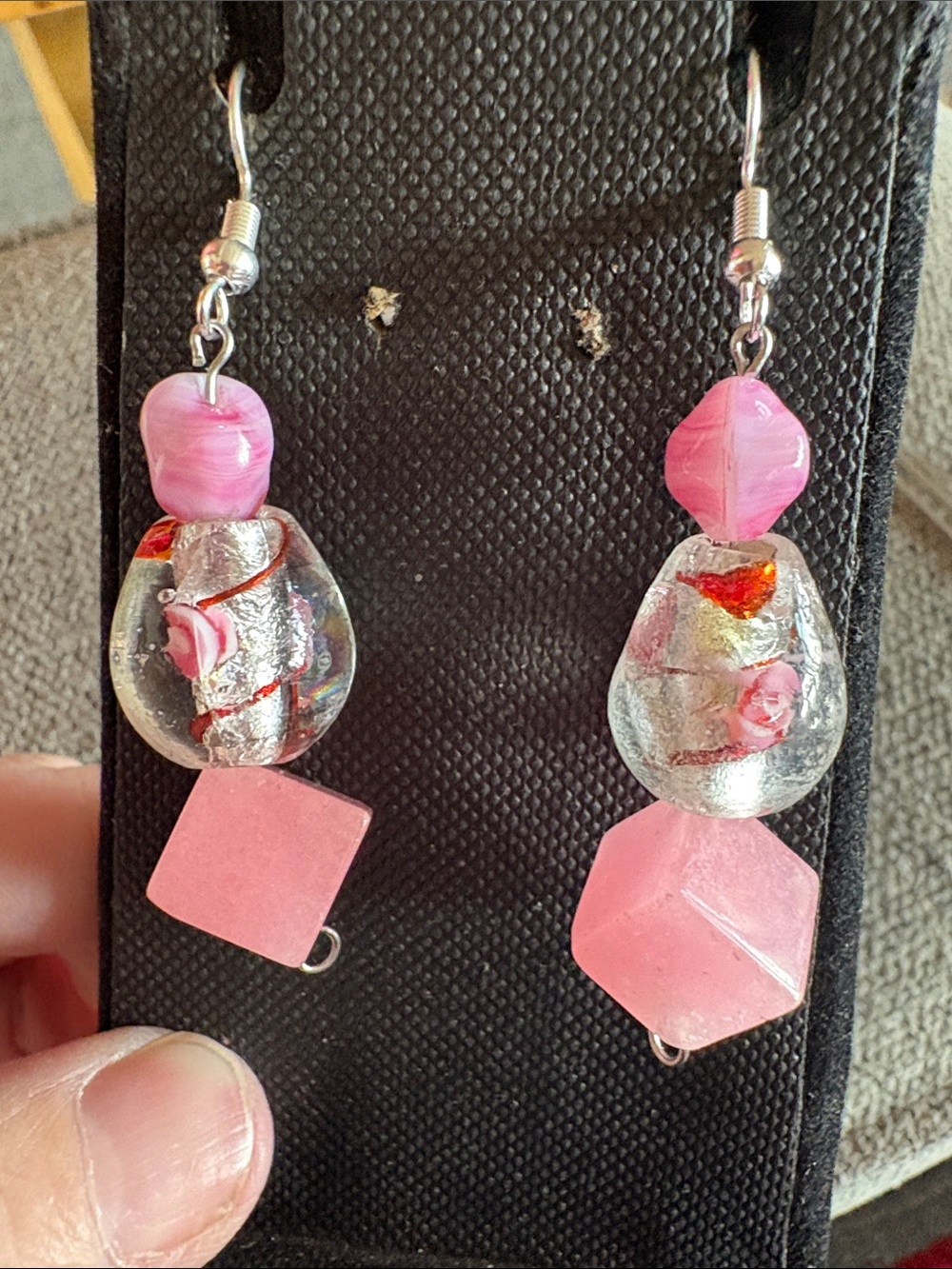 Hand Crafted Pink and Silver Glass Bead Drop Earrings